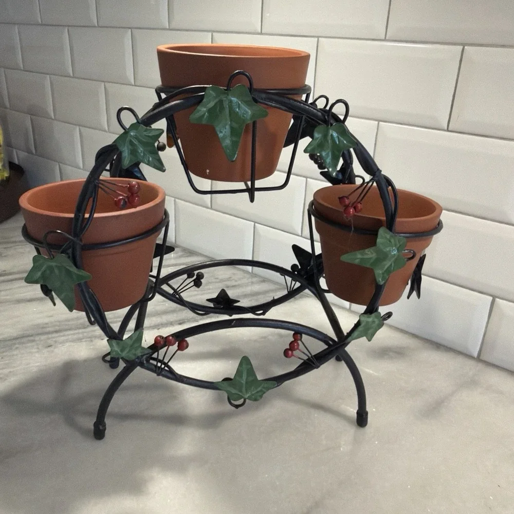 Vintage Wrought Iron Planter With Terra Cotta Pots